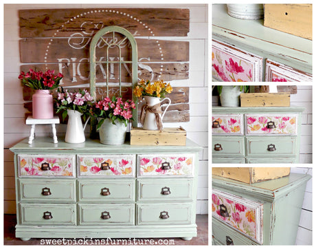 Pantry Door painted with Old Fashioned Milk Paint, floral accents, rustic wood detailing on a white shiplap wall.