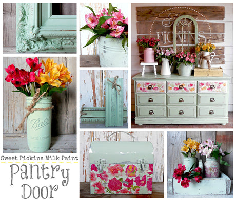 Old Fashioned Milk Paint Sweet Pickins jars, drawers, and boxes finished in pastel shades for vintage-style decor.