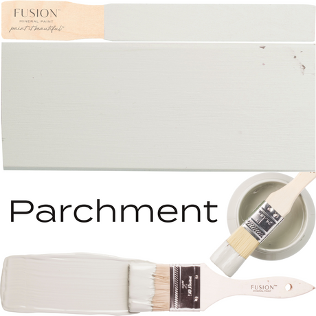 Swatch, brush, and bowl with Fusion Mineral Paint in Parchment, a pale gray shade.