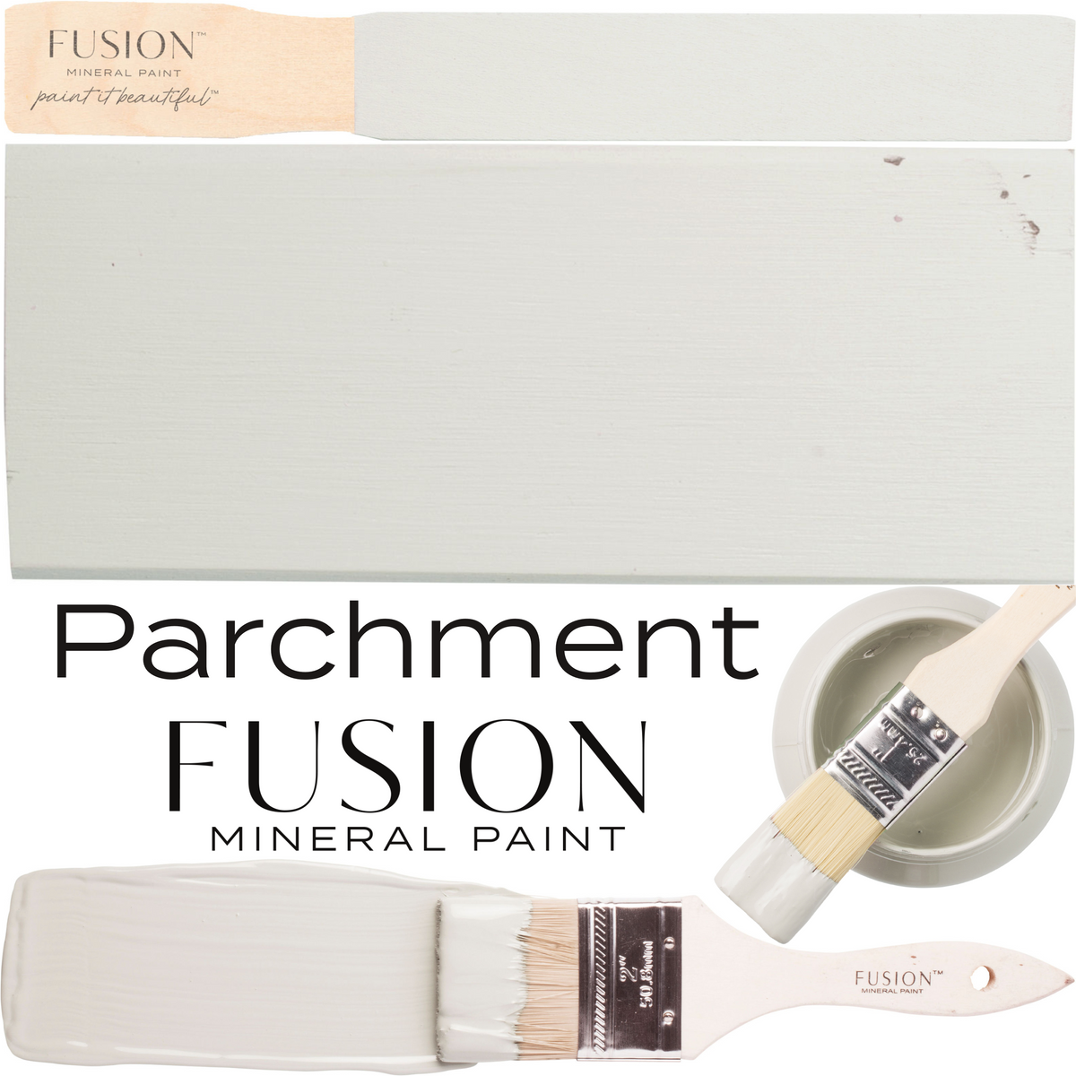 Fusion Mineral Paint Parchment shade shown with paintbrush, color swatch, and bowl.