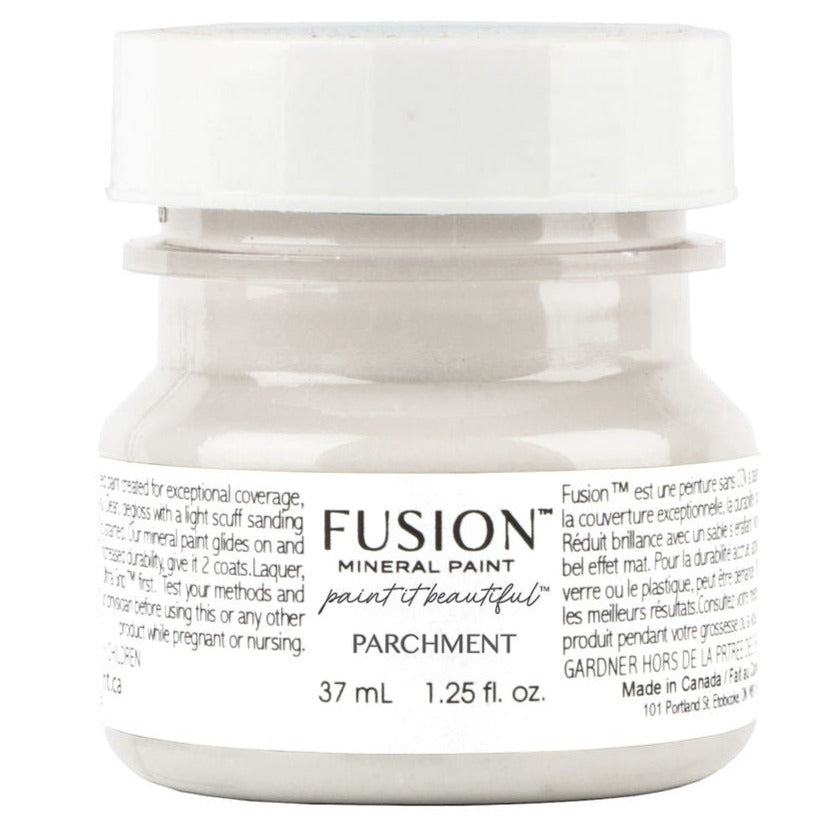 Fusion Mineral Paint Parchment, 37 mL acrylic in gray-beige, with a white label.