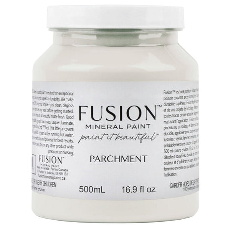 Fusion Mineral Paint Parchment 500mL jar with white lid and detailed Fusion label.