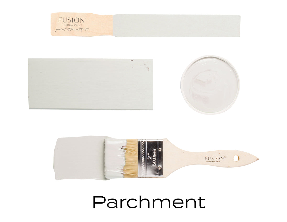 Fusion Parchment Fusion Mineral Paint samples displayed on brushes, wood, and a round dish.