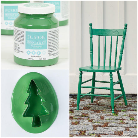 Park Bench Fusion Mineral Paint jar, painted chair, and green tree-shaped oval mold in a collage.