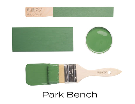 Park Bench Fusion Mineral Paint set with stick, board, open can, and brush.