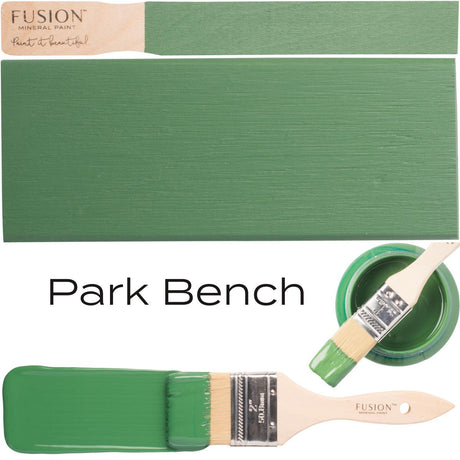 Brush, Park Bench Fusion Mineral Paint swatch, open jar, and “Park Bench” text displayed together.