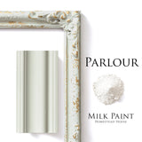 Antique frame finished in sage green and Parlour Milk Paint by Homestead House, with white powder and molded trim.