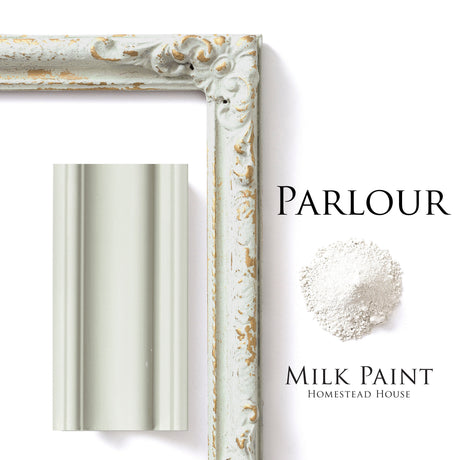 Antique frame finished in sage green and Parlour Milk Paint by Homestead House, with white powder and molded trim.