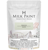 50g Parlour Milk Paint by Homestead House, floral, barn, and wagon art on label; safety warning at bottom.