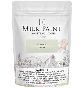 50g Parlour Milk Paint by Homestead House, floral, barn, and wagon art on label; safety warning at bottom.