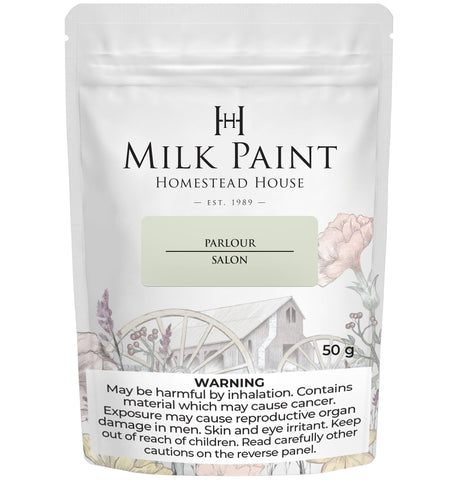 50g Parlour Milk Paint by Homestead House, floral, barn, and wagon art on label; safety warning at bottom.