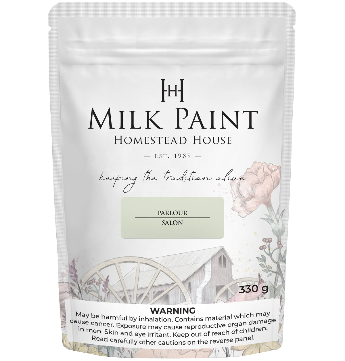 Parlour Milk Paint by Homestead House, 330g pouch, “Parlour Salon” label, floral art, warning below.