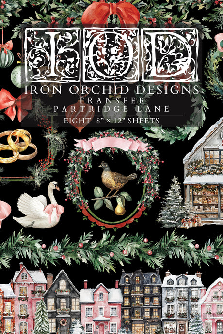 Partridge Lane Transfer (2025) by I.O.D. featuring holiday wreaths, swans, rings, houses, and festive titles.