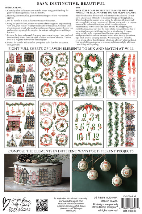 I.O.D. Partridge Lane Transfer (2025) product sheet with wreaths and festive Christmas baubles.