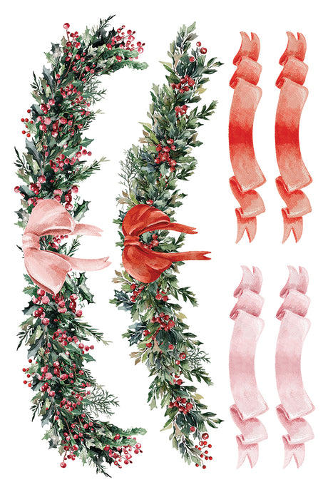 Watercolor garlands with red berries and I.O.D. Partridge Lane Transfer for Christmas décor.