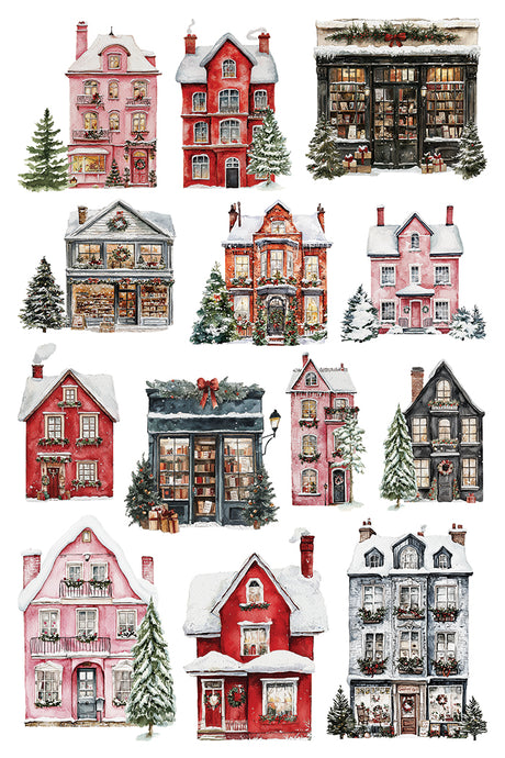 Fifteen snow-topped houses and shops with I.O.D. Partridge Lane Transfer (2025 Limited Release) accents.