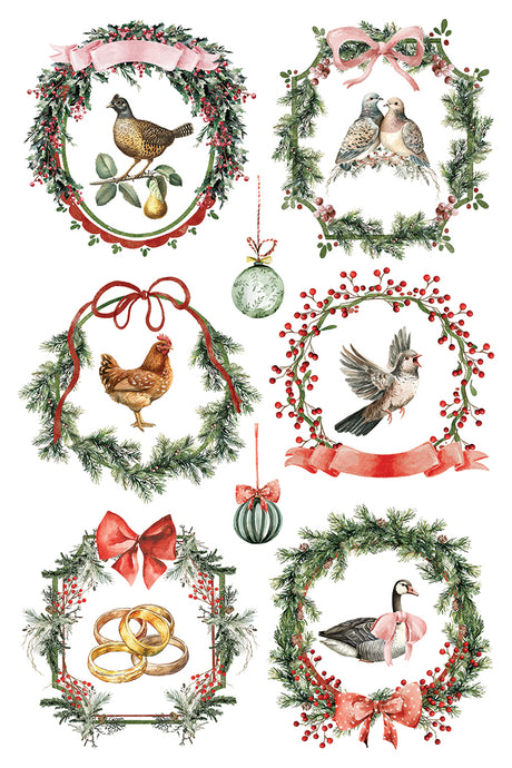 Six wreaths with birds and rings featuring I.O.D. Partridge Lane Transfer (2025 Limited Release) for décor.