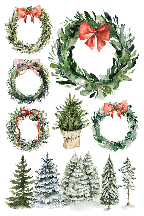 Watercolor wreaths, potted trees, and pines with I.O.D. Partridge Lane Transfer (2025) for Christmas decorating.