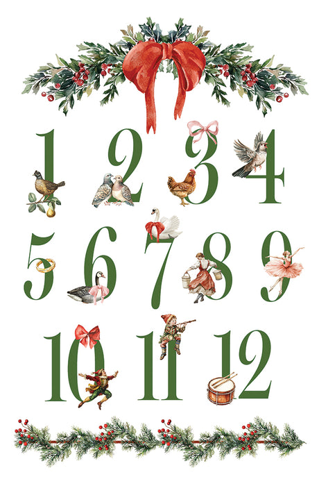 I.O.D. Partridge Lane Transfer (2025 Limited Release) with numbers 1-12, greenery, bows, animals, and a drum.