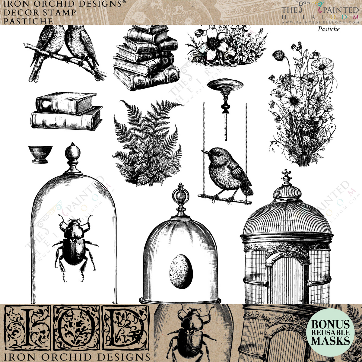 Pastiche Stamp by IOD featuring black and white vintage books, plants, and birds.