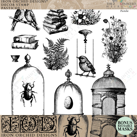 Pastiche Stamp by IOD featuring black and white vintage books, plants, and birds.