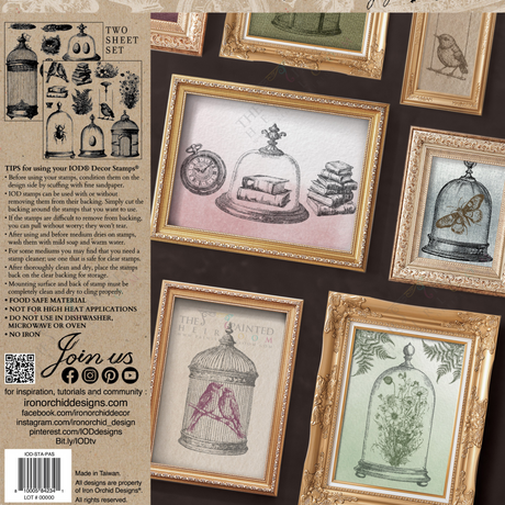 The Pastiche Stamp by IOD with vintage-style bird, bee, and watch designs in ornate gold frames.