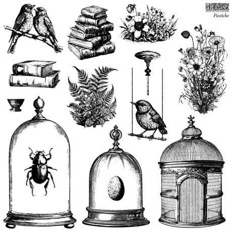 The Pastiche Stamp by IOD with vintage cloche, bird, and book designs for mixed media projects.