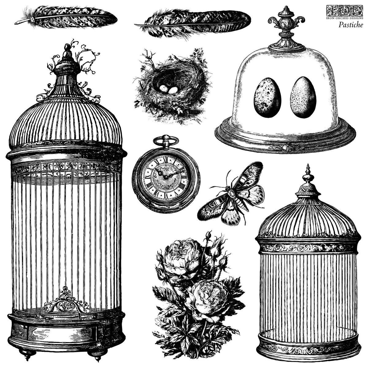 Pastiche Stamp by IOD featuring vintage birdcages, feathers, and nests.
