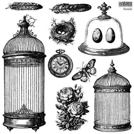 Pastiche Stamp by IOD featuring vintage birdcages, feathers, and nests.