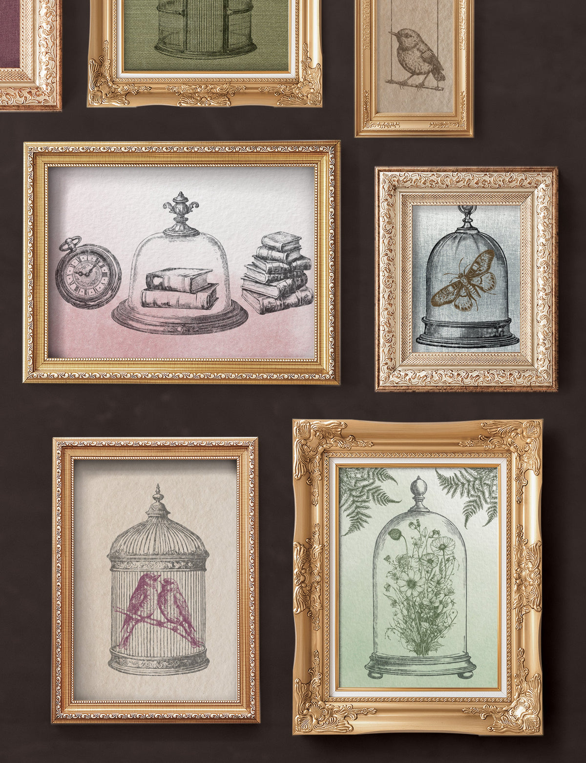 The Pastiche Stamp by IOD with ornate gold frames and vintage-style sketches of birds, books, and a clock.