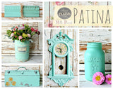 Patina – Sweet Pickins Milk Paint by Old Fashioned Milk Paint shown in a pastel blue collage with floral vintage decor.