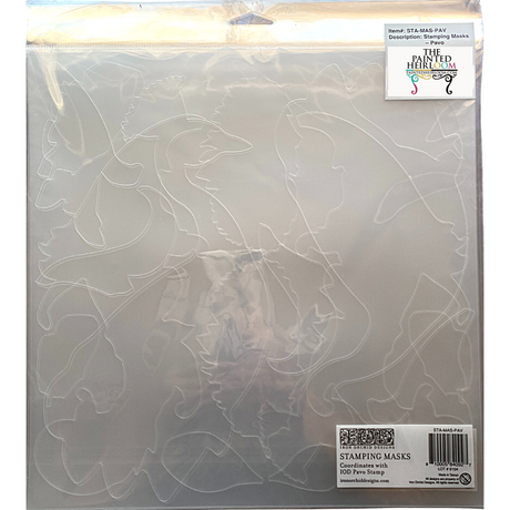 Pavo Masks (Retired) clear outline stamping masks by I.O.D. in The Painted Heirloom packaging.