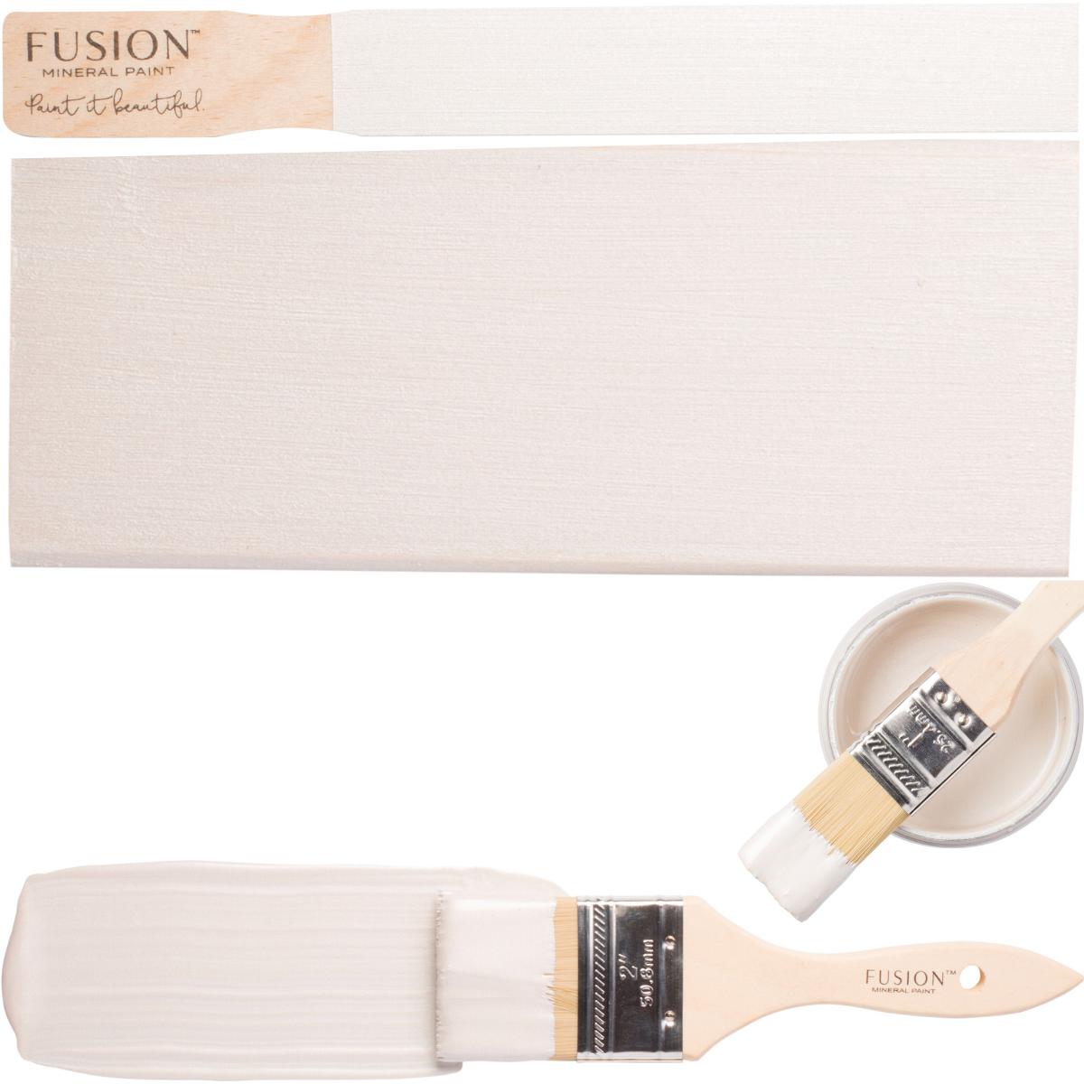 Pearl Metallic Fusion Mineral Paintbrush, painted board, and open Fusion Mineral Paint jar displayed together.