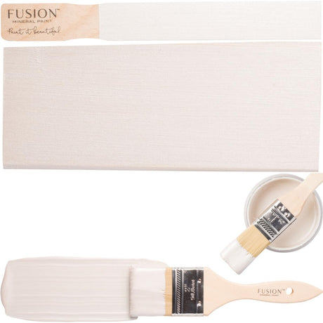 Pearl Metallic Fusion Mineral Paintbrush, painted board, and open Fusion Mineral Paint jar displayed together.
