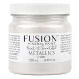Fusion Mineral Paint Pearl Metallic 250mL jar with rich mica pigments and a detailed product label.