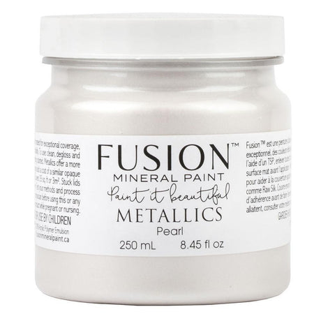 Fusion Mineral Paint Pearl Metallic 250mL jar with rich mica pigments and a detailed product label.