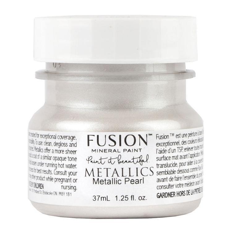 37ml Pearl Metallic Fusion Mineral Paint jar with mica pigments, white lid, and Fusion Mineral Paint branding.