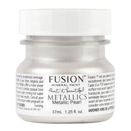 37ml Pearl Metallic Fusion Mineral Paint jar with mica pigments, white lid, and Fusion Mineral Paint branding.