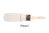 Fusion Mineral Paint Pearl Metallic paintbrush with shimmering mica pigments, shown on white, labeled “Pearl”.