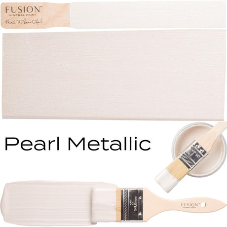 Fusion Mineral Paint Pearl Metallic brush, painted sample, and open paint container displayed together.