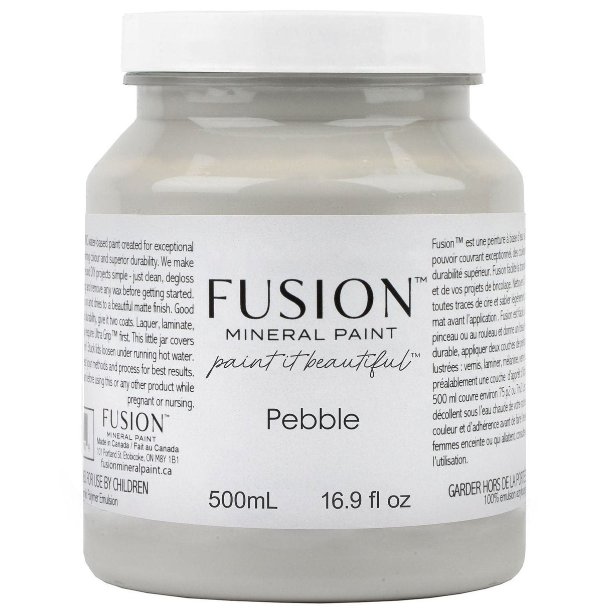 Pebble Fusion Mineral Paint 500mL all-in-one matte acrylic paint in a clear jar by Fusion Mineral Paint.
