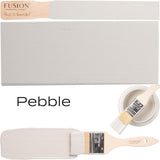 Pebble Fusion Mineral Paint sample jar, brushes, and light gray paint swatch shown together.