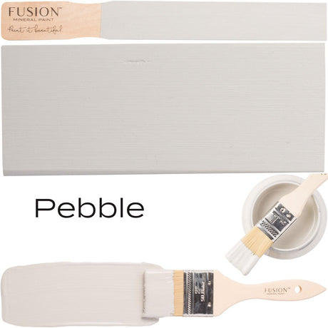 Pebble Fusion Mineral Paint sample jar, brushes, and light gray paint swatch shown together.