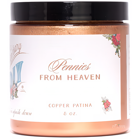 Pennies from Heaven DIY Paint Copper Liquid Patina, 8 oz jar by DIY Paint Co. with black lid and floral accents.