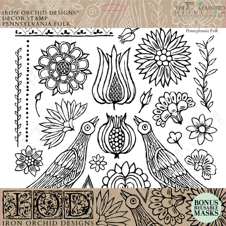 Black line art of folk flowers and two birds created with I.O.D. Pennsylvania Folk (Retired) Stamp by Iron Orchid Designs.