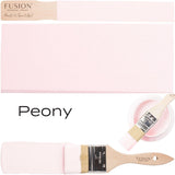 Brush applying Peony Fusion Mineral Paint all-in-one acrylic with paint swatch shown.