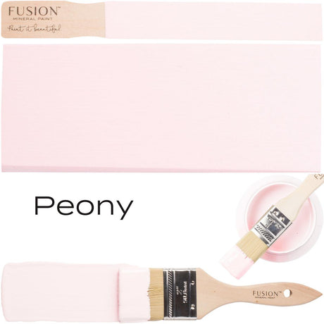 Brush applying Peony Fusion Mineral Paint all-in-one acrylic with paint swatch shown.