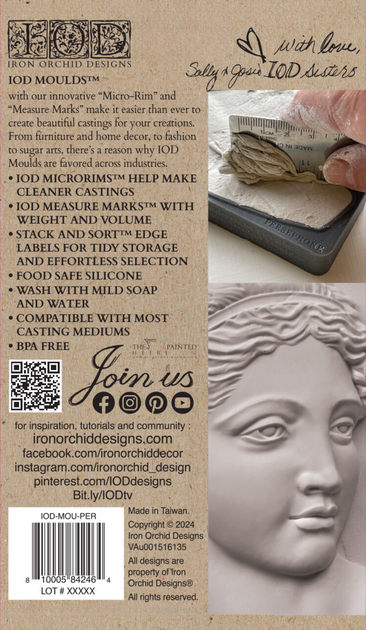 Persephone Mould by IOD packaging with partial face artwork and handwritten casting instructions, brand I.O.D.