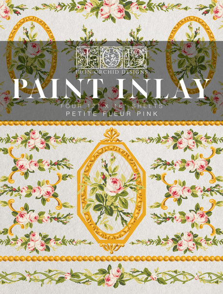 Floral gold ovals with roses and beads; Petite Fleur Pink Paint Inlay by I.O.D.; text overlay at top.