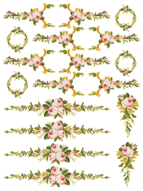 IOD Petite Fleur Pink Paint Inlay with pink roses and gold borders, romantic Limited Release by Iron Orchid Designs.